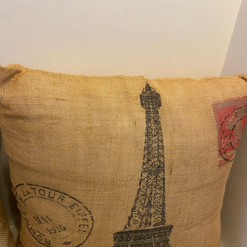 3 European print‎ burlap pillows France England lot